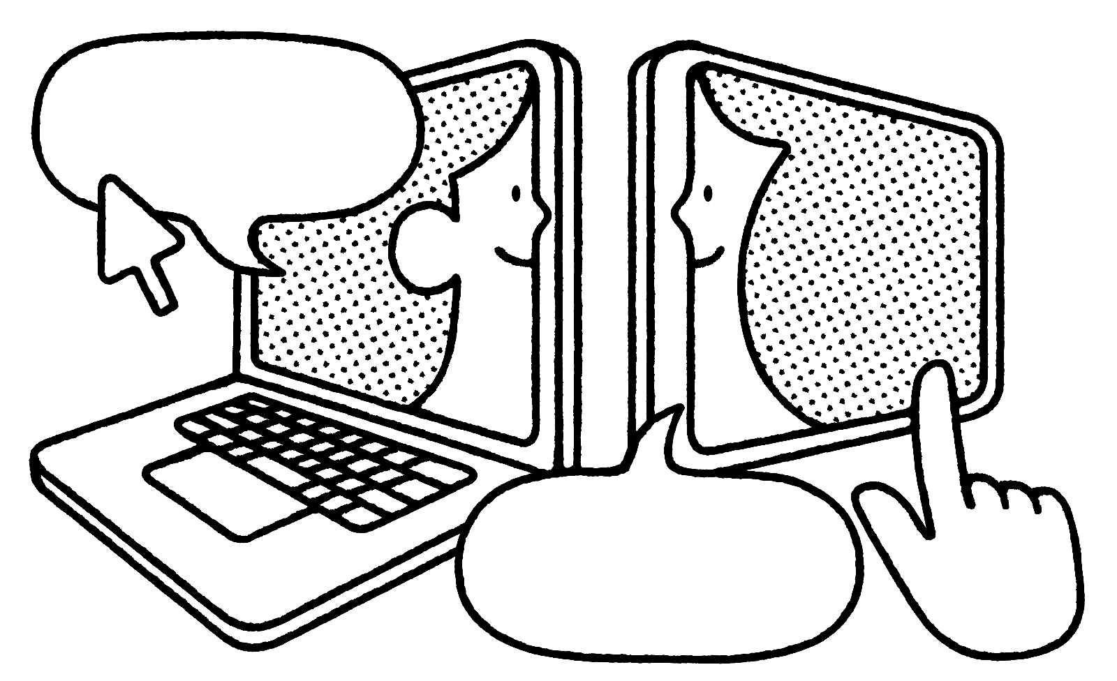 faces in laptop and tablet smiling at each other