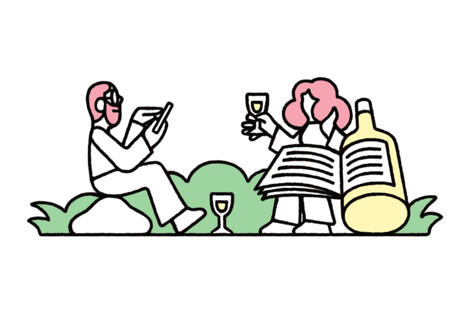 Man and woman reading newspaper and drinking wine